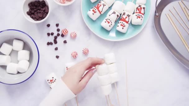 Step Step Flat Lay Making Marshmallow Snowman Reindeer Sticks Hot — Stock Video