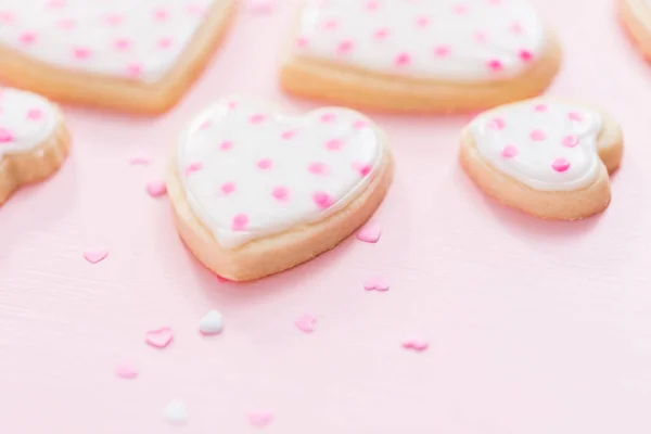 Heart Shaped Sugar Cookies Decorated Royal Icing Valentine Day Pink — Stock Photo, Image