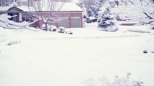 Cámara Lenta Barrio Residencial Después Gran Nieve Invierno — Vídeos de Stock