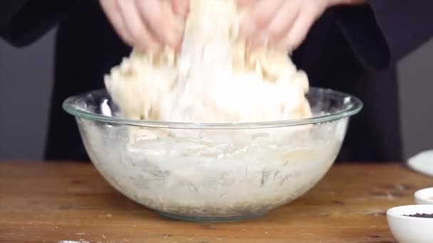 一步一步 将玻璃碗中的有机食材混合在锅里烤沙拉 — 图库视频影像