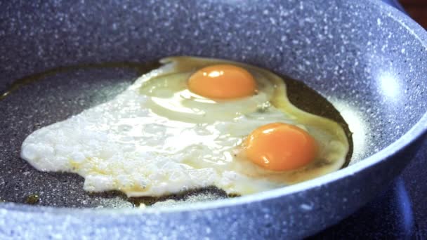 スローモーション フライパンにオリーブ オイル 有機卵を揚げる — ストック動画