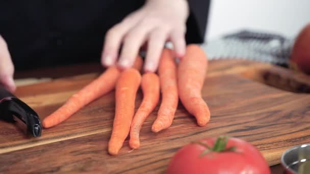 Step Step Slicing Orange Carrots Small Cubes Beet Soup Borscht — Stock Video