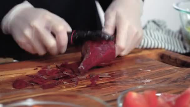 Time Lapse Step Step Slicing Beetroot Small Cubes Beet Soup — Stock Video