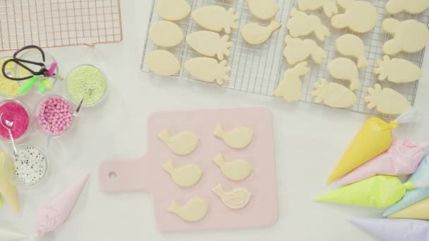 Step Step Flat Lay Decorating Easter Sugar Cookies Royal Icing — Stock Video