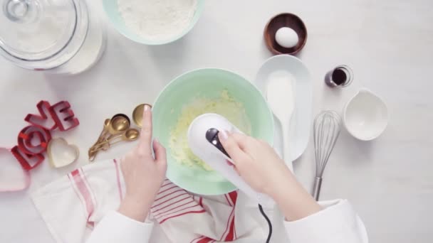 Lapos Feküdt Lépésről Lépésre Keverés Cukor Cookie Tésztát Keverő Tálba — Stock videók