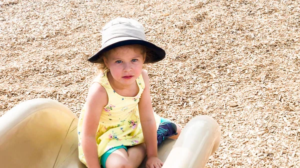 Little Girl Playing Kids Playground Hot Summer Day — Stock Photo, Image