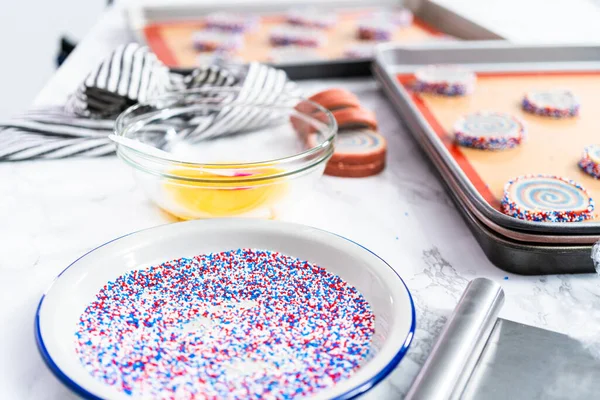 Baking Red White Blue Pinwheel Sugar Cookies July 4Th Celebration — Stock Photo, Image