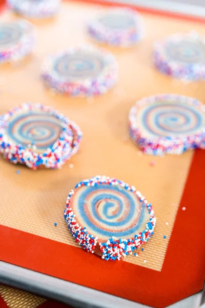Baking Red White Blue Pinwheel Sugar Cookies July 4Th Celebration — Stock Photo, Image