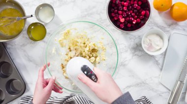 Düz yatıyordu. Adım adım. Kızılcık keki pişirmek için karışımı karıştırıyorum..