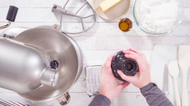 Düz yatıyordu. Çikolata ahududu kekleri için mutfak mikserinde ahududu kremalı peynir tereyağı hazırlıyorum..