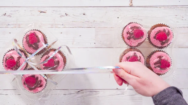 Acostado Embalaje Gourmet Cupcakes Frambuesa Chocolate Cajas Plástico Transparente — Foto de Stock