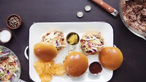 Bbq Pulled Pork Sandwich Shape Small Sliders Brioche Buns — Stock Video