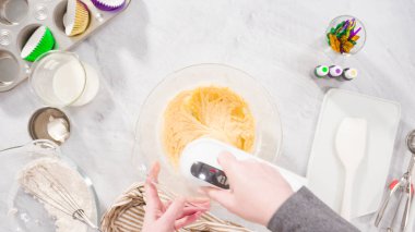 Düz yatıyordu. Adım adım. Vanilyalı Mardi Gras kekleri pişirmek için karışımı elektrikli mikserle karıştırıyorum..