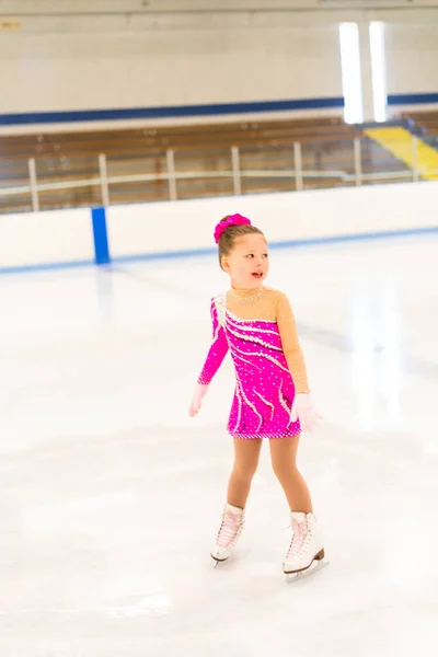 Little Figure Skater Pink Dress Practicing Indoor Ice Rink — Stock Photo, Image