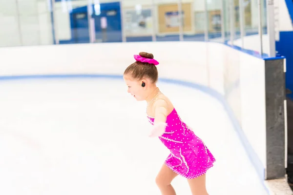 Little Figure Skater Pink Dress Practicing Indoor Ice Rink — Stock Photo, Image