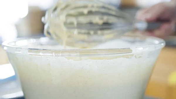 Preparing Homemade Waffle Batter Glass Mixing Bowl Make Fresh Waffles — Stock Photo, Image