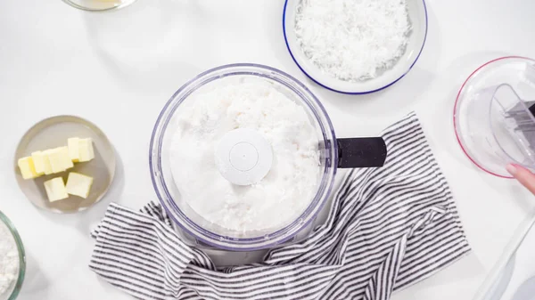 Acostado Mezclar Ingredientes Procesador Alimentos Para Preparar Galletas Coco Caseras — Foto de Stock