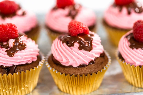 Gourmet Chocolate Raspberry Cupcakes Drizzled Chocolate Ganache Topped Fresh Raspberry Stock Picture