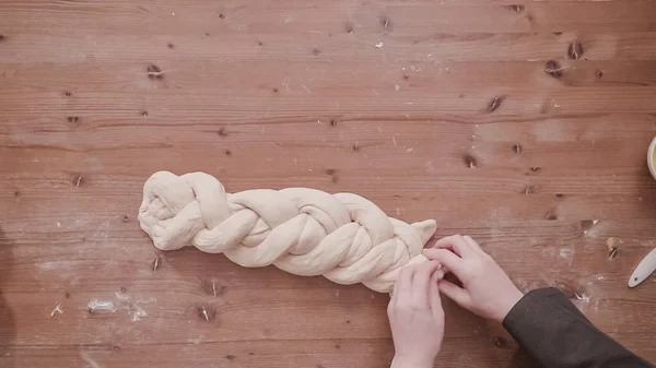 Flat Lay Step Step Brading Dough Bake Fresh Challah Bread — Stock Photo, Image