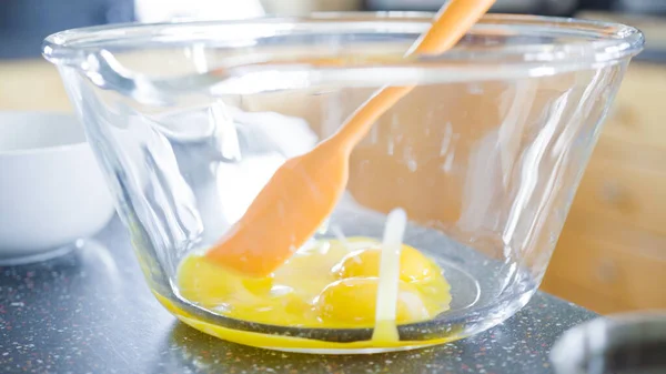 Preparing Homemade Waffle Batter Glass Mixing Bowl Make Fresh Waffles — Stock Photo, Image