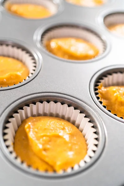 Pâte Cupcake Aux Épices Citrouille Dans Une Casserole Cupcake Avec — Photo