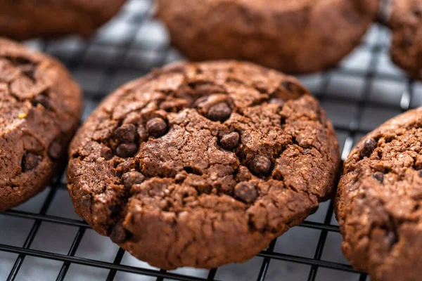 冷却ラック上で焼きたてのダブルチョコレートチップクッキー — ストック写真