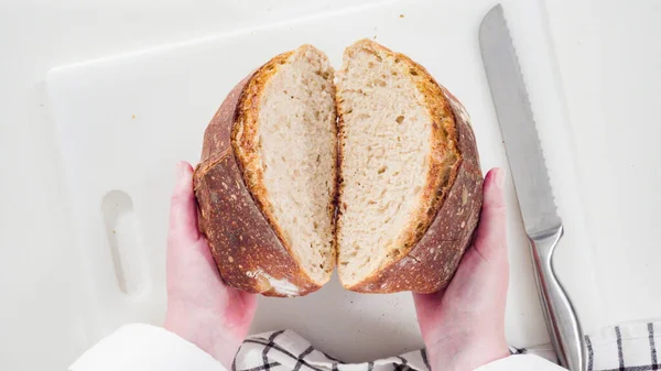 Flat Lay Slicing Freshly Baked Sourdough Wheat Bread White Cutting — Stock Photo, Image