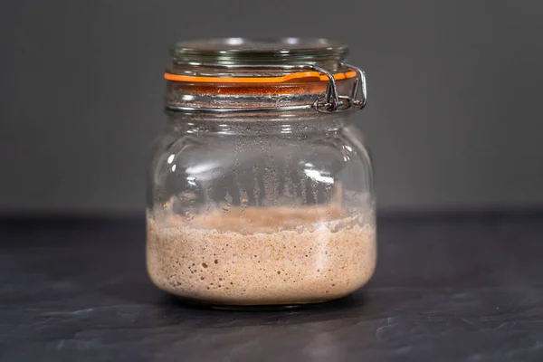 玻璃罐中自制小麦酸面团启动器 — 图库照片
