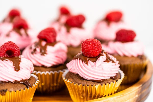 Gourmet Chocolate Raspberry Cupcakes Drizzled Chocolate Ganache Topped Fresh Raspberry Stock Image