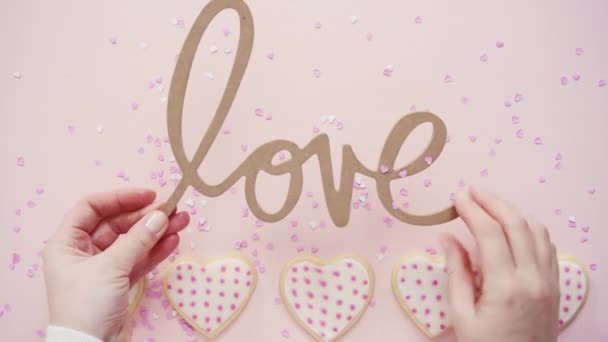 Flat Lay Heart Shaped Sugar Cookies Decorated Royal Icing Gift — Stock Video
