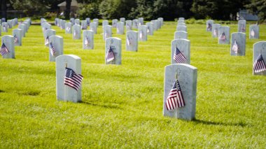 Denver, Colorado, ABD-26 Mayıs 2019 - Anma Günü 'nde Fort Logan Ulusal Mezarlığı' nda beyaz mermer mezar taşlarının yanında küçük Amerikan Bayrakları.