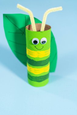 Kağıt işleri projesi. Boş tuvalet kağıtlarından yapılmış renkli böcekler.