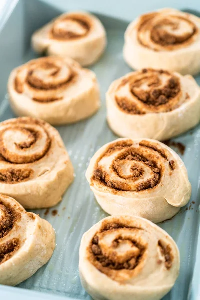 Unbaked cinnamon rolls in a blue baking pan.