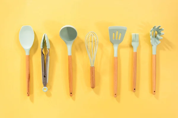 Flat Lay Silicone Cooking Utensils Wooden Handle — Stock Photo, Image