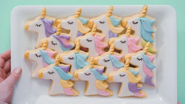 Unicorn Sugar Cookies Decorated Royal Icing Food Glitter — Stock Photo, Image