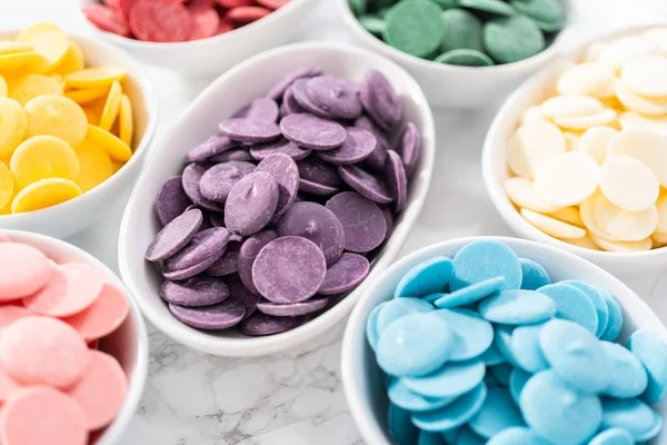 Rainbow Colors Chocolate Chips White Bowls Melting Chocolate Shapes Marble — Stock Photo, Image