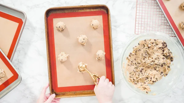 Step Step Flat Lay Scooping Homemade Chocolate Chip Cookies Metal — Stock Photo, Image