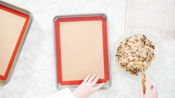 Step Step Flat Lay Scooping Homemade Chocolate Chip Cookies Metal — Stock Photo, Image