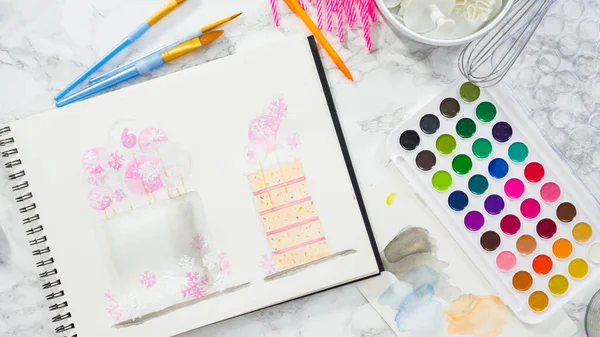 Flat Lay Baker Drawing Design Birthday Cake Watercolors — Stock Photo, Image