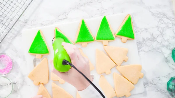 Acostado Stp Paso Galletas Azúcar Forma Árbol Navidad Heladas Con — Foto de Stock