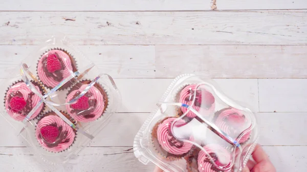 Deitado Embalagem Cupcakes Framboesa Chocolate Gourmet Caixas Plástico Transparente — Fotografia de Stock