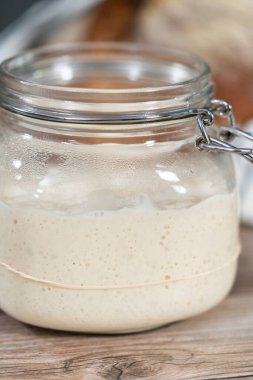 Ekşi mayalı ekmek pişirmek için cam bir mason kavanozunda başlangıç yapıyorum..
