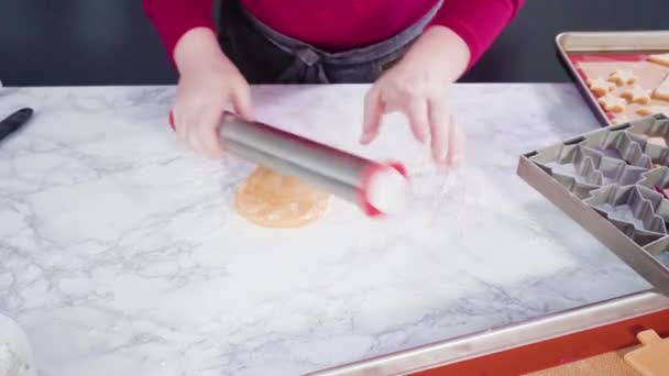 Раскатывание Теста Сахарного Печенья Испечь Рождественское Печенье — стоковое видео