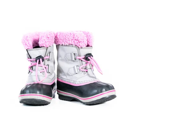 Маленькая Девочка Розовый Серый Теплые Водонепроницаемые Зимние Сапоги Белом Фоне — стоковое фото