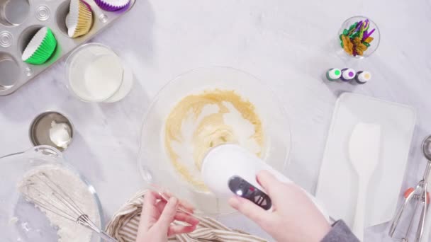将配料倒入厨房搅拌器中烘焙三层香草蛋糕 — 图库视频影像