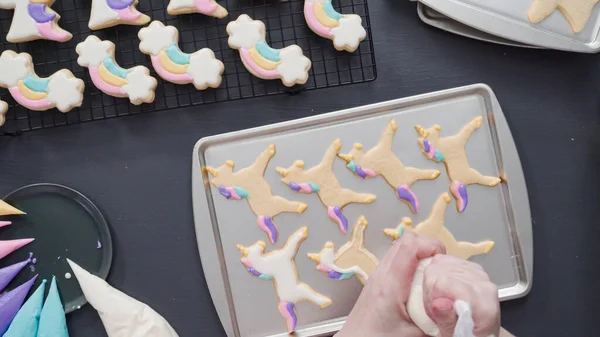 Step Step Flat Lay Decorating Unicorn Sugar Cookies Royal Icing — Stock Photo, Image