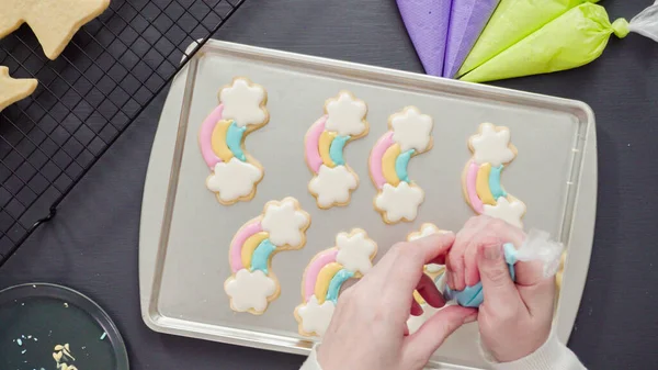 Flat Lay Decorating Unicorn Sugar Cookies Multi Color Royal Icing — Stock Photo, Image