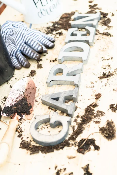 Sign Garden Metal Letters Spilled Soil Planting Pots Wooden Garden — Stock Photo, Image
