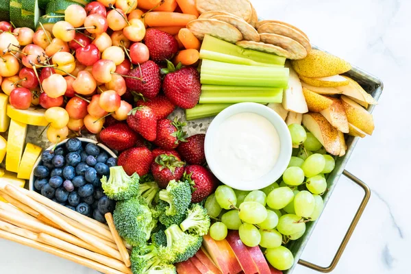 Snack Board Fresh Fruit Vegetables Crackers Dips — Stock Photo, Image