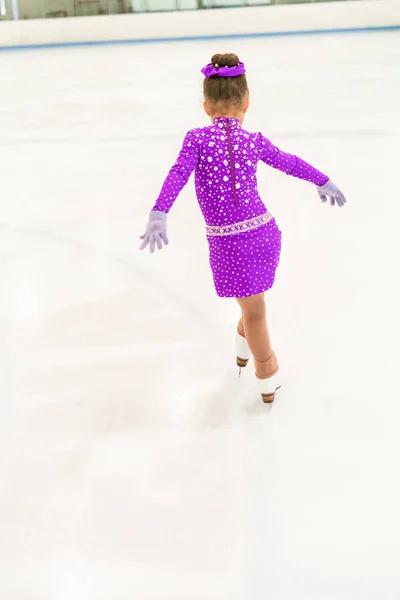 Little Girl Practicing Figure Skating Purple Dress Crystals Indoor Ice — Stock Photo, Image